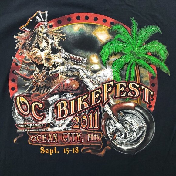 Ocean City Bikefest T-Shirt Pirate Skeleton Biker Palm Tree 2011 Maryland Large - Picture 3 of 9